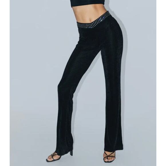 Motel Rocks Black Fit & Flare Rhinestone Waist Pants Size Large NWT - Picture 10 of 10